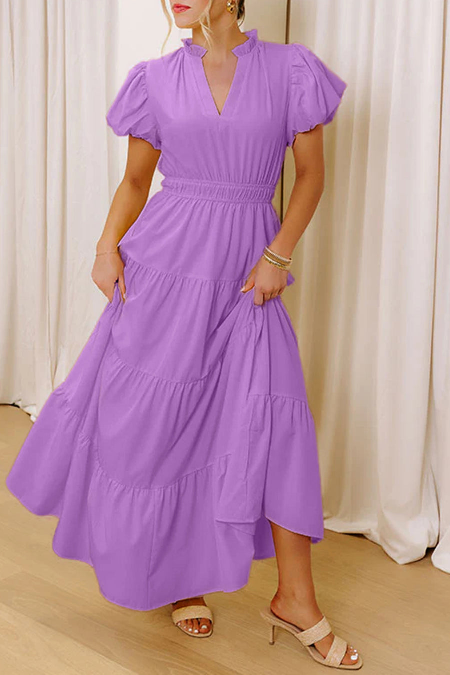V-Neck Puff Sleeve High-Waist Tiered Maxi Dress- 3 Colors