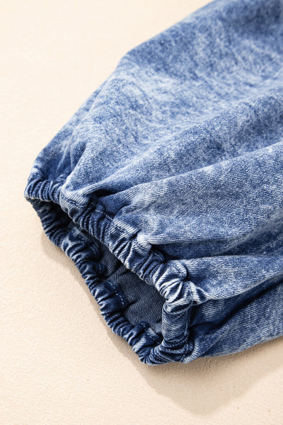 Blue Frill Square Neck Puff Sleeve Backless Denim Dress