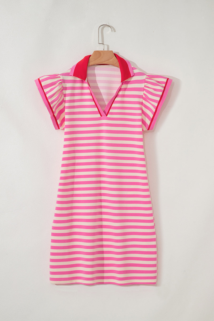 Striped Ruffle Short Sleeve Contrast Neckline Mini Dress- 3 Colors