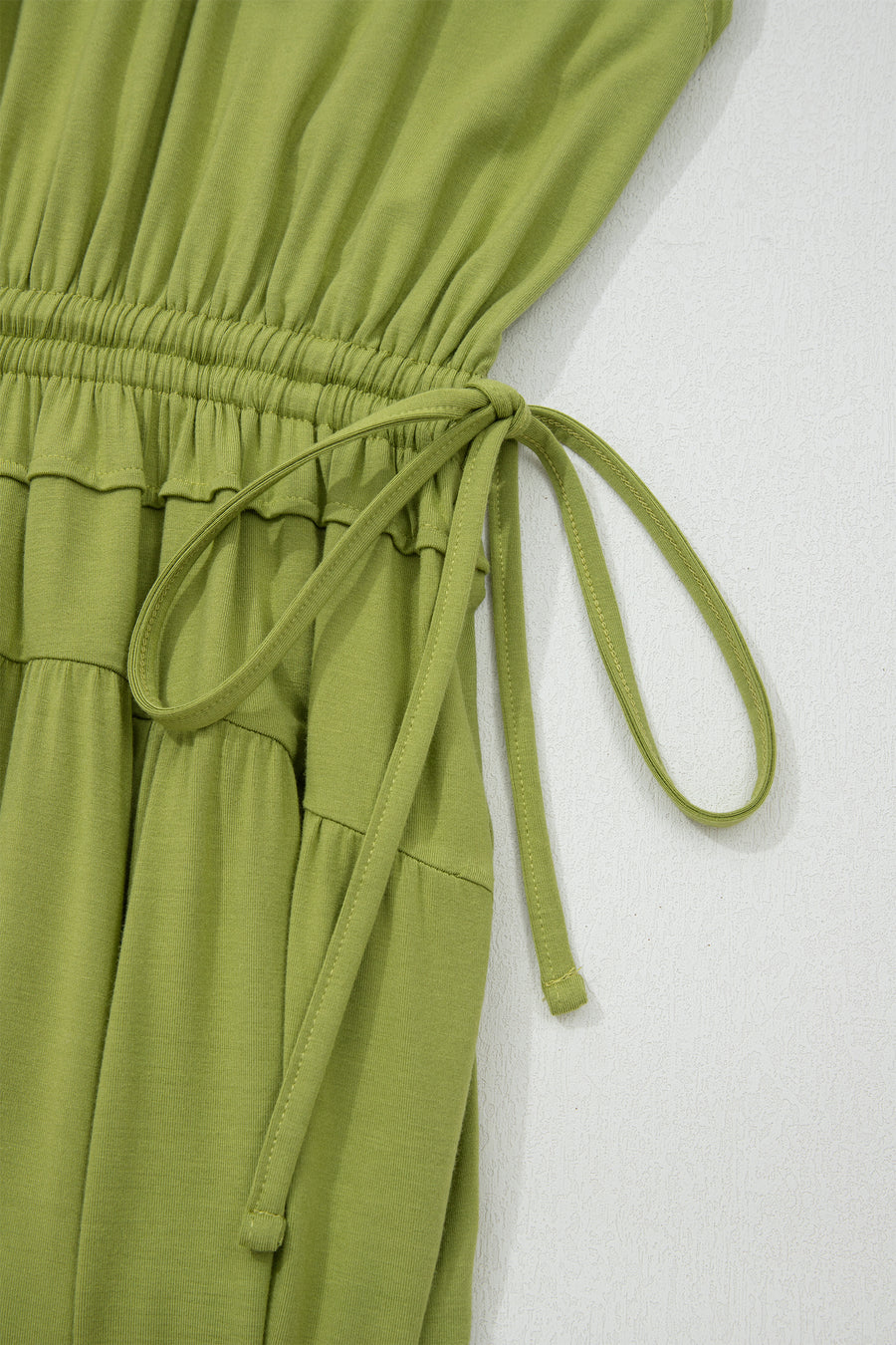 Fern Green Solid V Neck Cap Sleeve Tunic Elastic Waist Versatile Maxi Dress