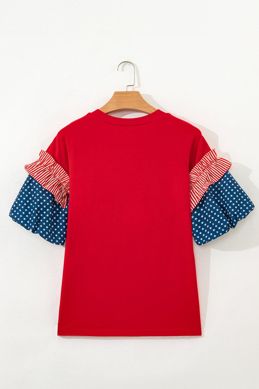 Red American Sequin Star Patches Contrast Puff Sleeve Top