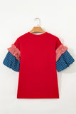 Red American Sequin Star Patches Contrast Puff Sleeve Top