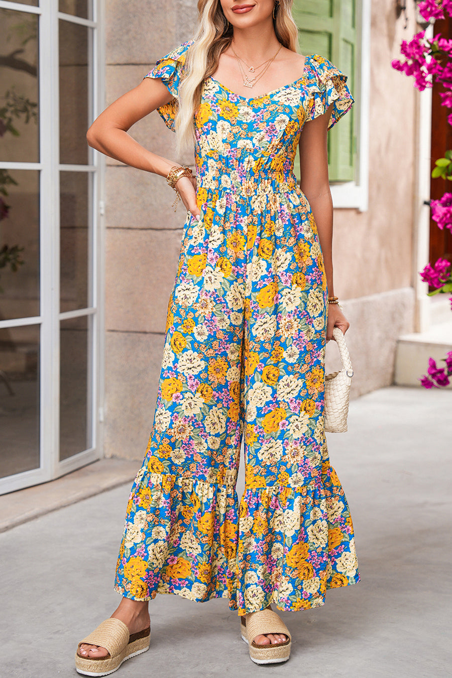 Yellow Floral Print Shirred Cut-Out High-Waist Jumpsuit