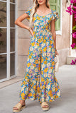 Yellow Floral Print Shirred Cut-Out High-Waist Jumpsuit