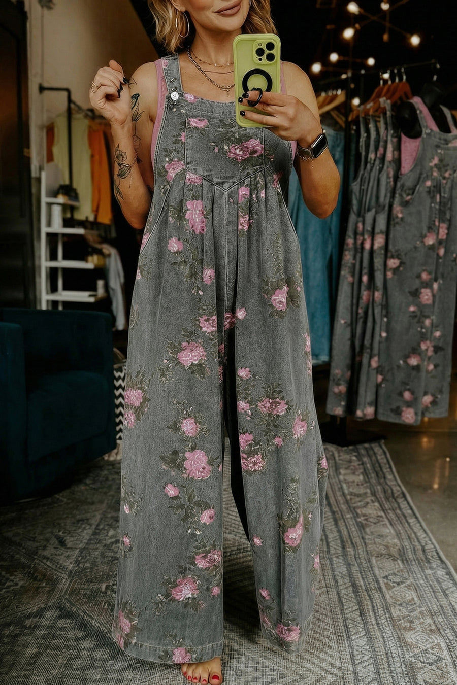 Floral Print Pleated High-Waist Wide Leg Denim Overalls- 3 Colors