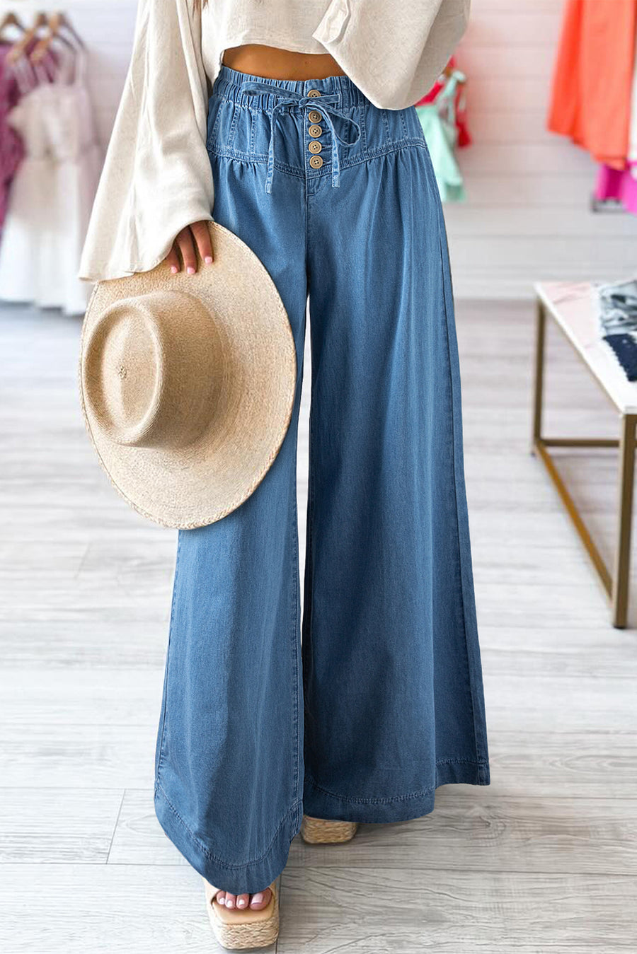 Mineral Wash Button-Up High-Waist Wide Leg Jeans