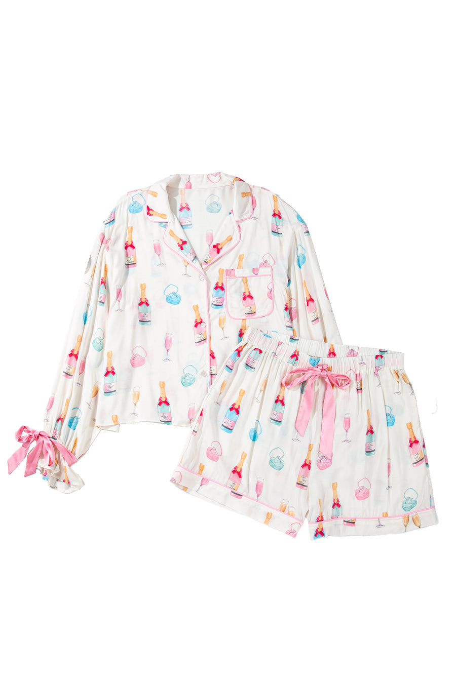 Plus Size White Wine & Heart Print Bow Decor Pajama Set