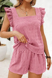 Textured Ruffle Blouse and Shirred High-Waist Shorts Set- 5 Colors