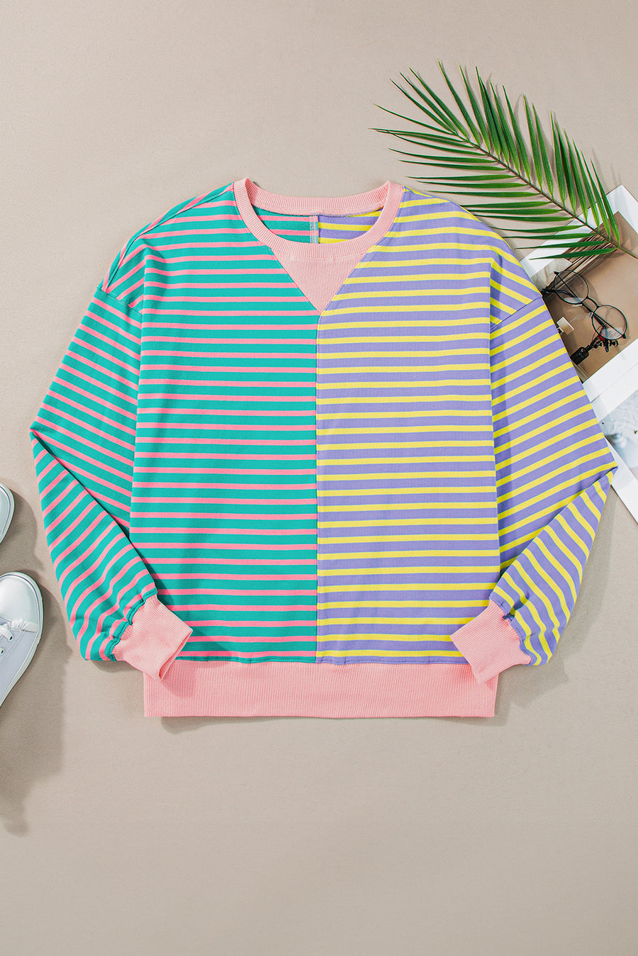 Striped Color Block Drop Shoulder Oversized Sweatshirt- 2 Colors