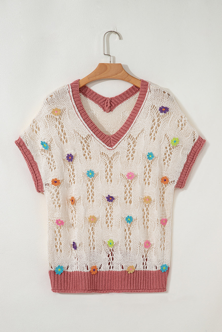 Ivory Floral Crochet Contrast Trim Knit Sweater