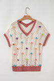 Ivory Floral Crochet Contrast Trim Knit Sweater