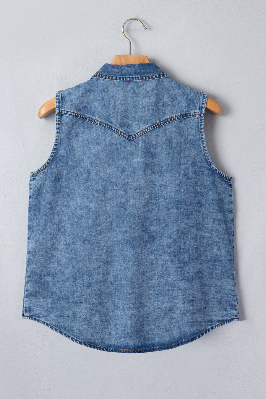 Dusk Blue Button-Up Collared Sleeveless Denim Shirt