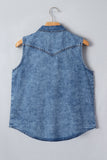 Dusk Blue Button-Up Collared Sleeveless Denim Shirt