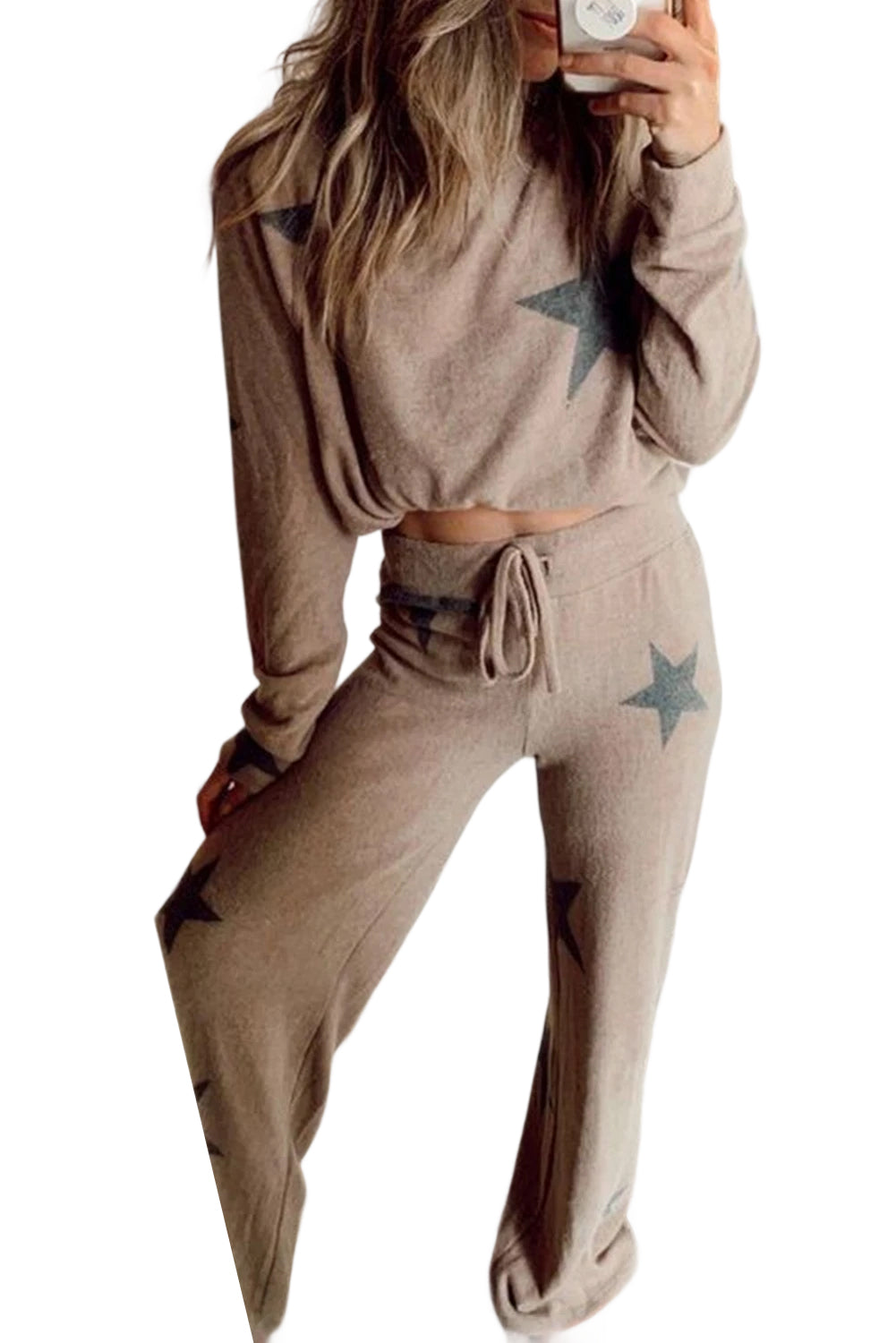 Khaki Retro Star Print Long Sleeve Pullover Drawstring Wide Leg Pajama Set