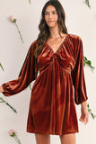 Clay Elastic V-Neck Puff Sleeve Flowy Velvet Dress