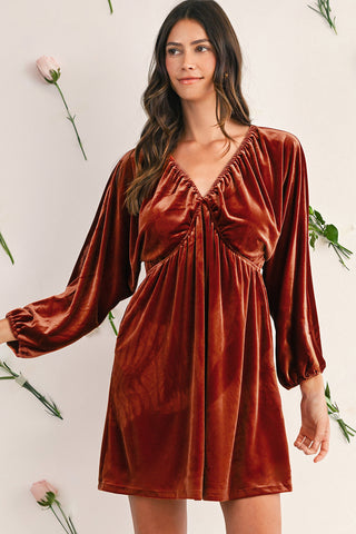 Clay Elastic V-Neck Puff Sleeve Flowy Velvet Dress