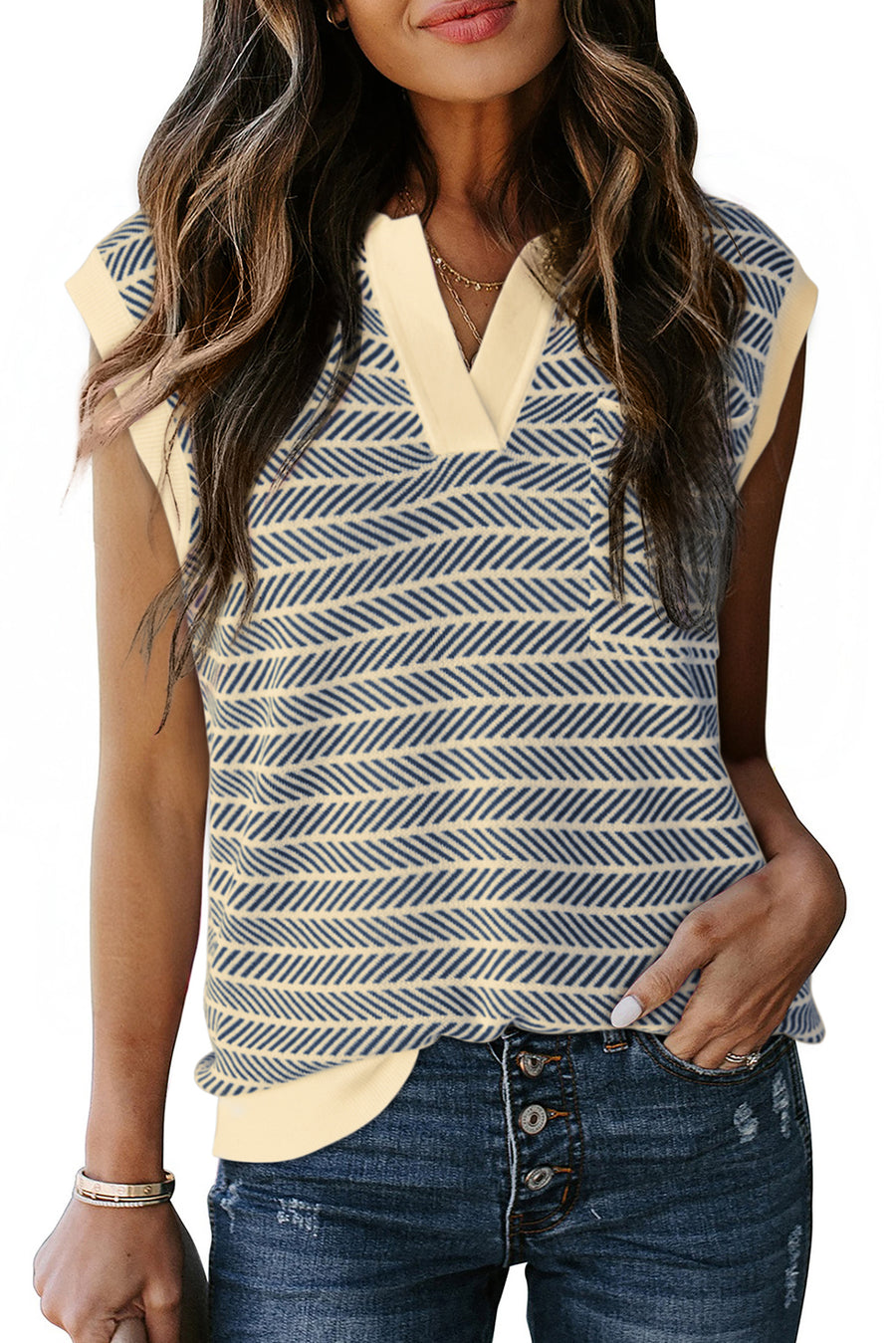 Striped Contrast Trim Sleeveless Collared Sweater- 3 Colors