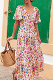Multicolored Floral Short Sleeve V-Neck High Waist Maxi Dress