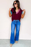 Burgundy Contrast Trim V-Neck Short Sleeve Loose Sweater
