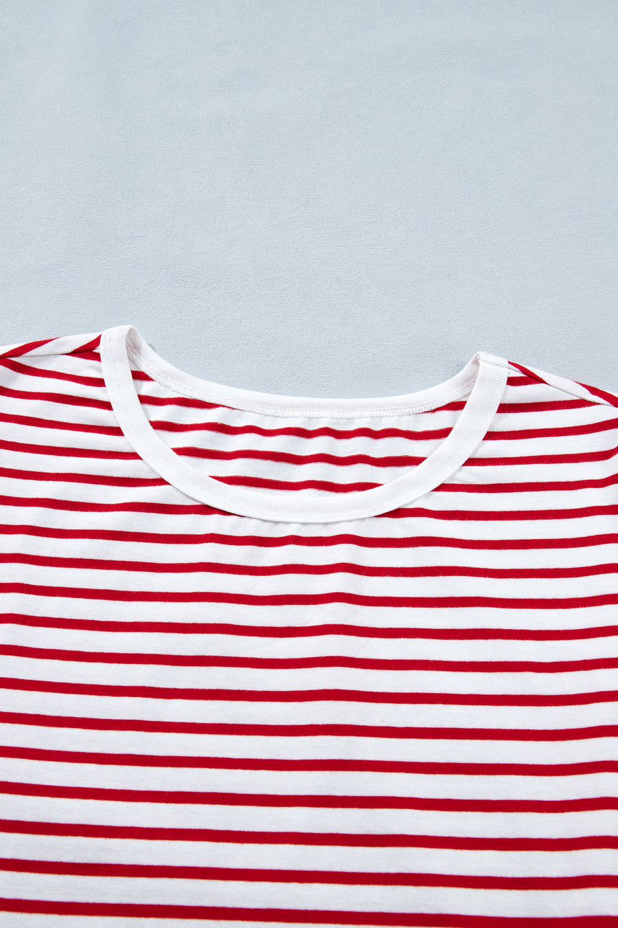 Red Striped Contrast Trim Crew Neck Short Puff Sleeve T-Shirt