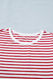 Red Striped Contrast Trim Crew Neck Short Puff Sleeve T-Shirt