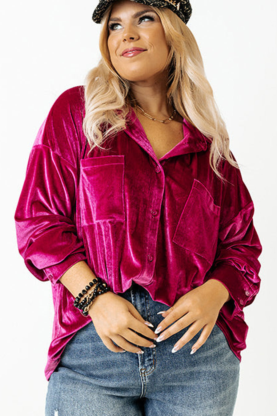 Plus Size Bright Pink Velvet Chest Pocket Drop Shoulder Shirt