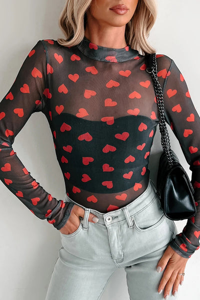 Heart Printed Sheer Mesh Long Sleeve Top- 2 Colors