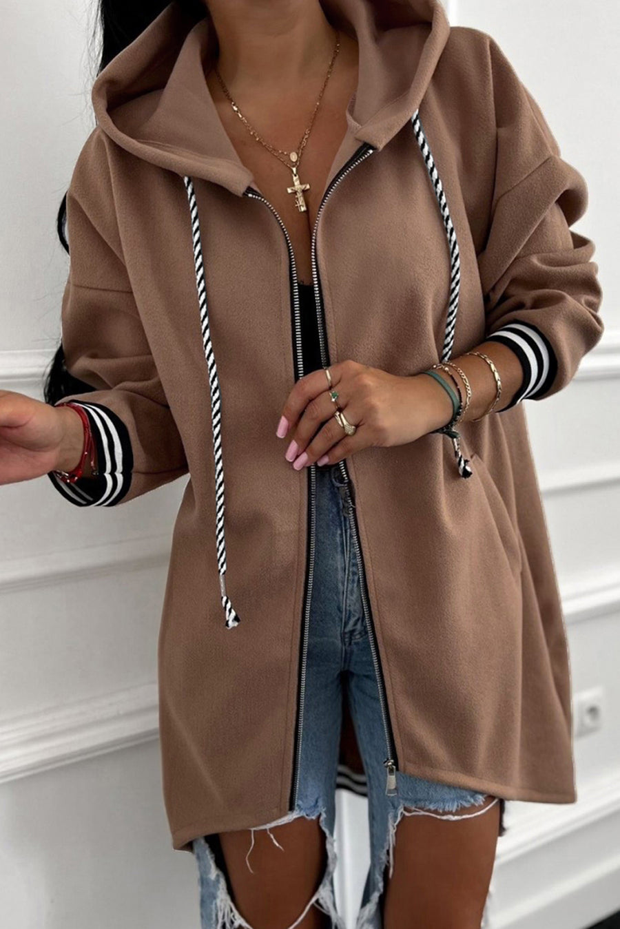 Contrast Cuff Drop Shoulder Zip-Up Tunic Hoodie- 3 Colors