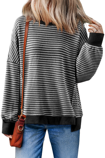 Striped Ribbed Exposed Seam Long Sleeve Oversized Top- 3 Colors