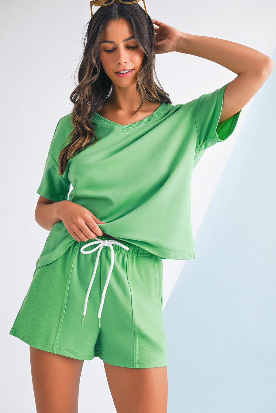 V-Neck Drop Shoulder T-Shirt and Patchwork Shorts Set- 3 Colors