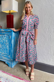 Pink Bohemian Floral Shirred Short Sleeve Belted Midi Dress