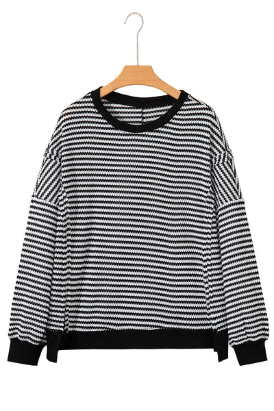 Striped Ribbed Exposed Seam Long Sleeve Oversized Top- 3 Colors