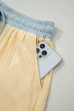 Yellow Cream Soft Ribbed Color Block Trim Casual Short Set