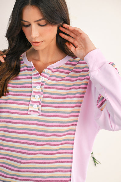 Pink Striped Patchwork Henley Sweatshirt