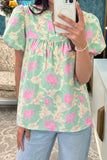 Short Bubble Sleeve Summer Floral Blouse A
