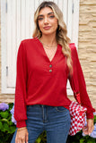 Button-Up V-Neck Long Sleeve Top- 3 Colors