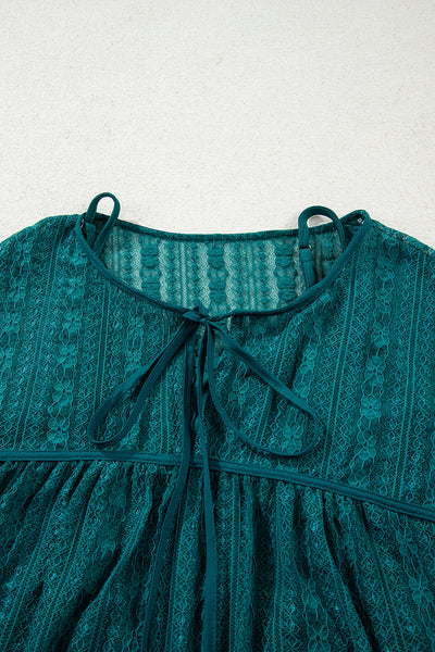 Evergreen Sheer Lace Balloon Sleeve Babydoll Blouse