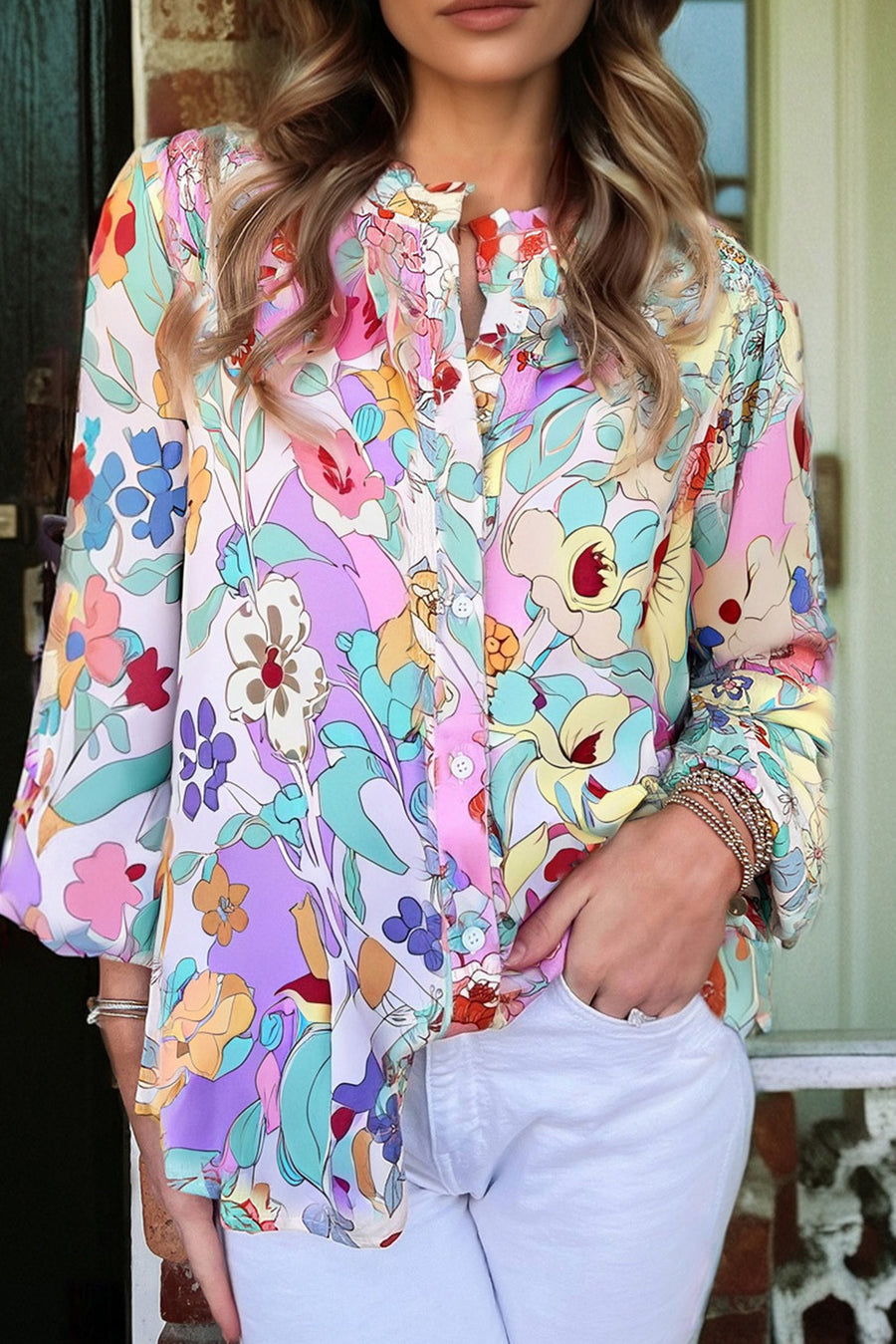Multicolored Floral Frilly Neckline Long Sleeve Button-Up Blouse