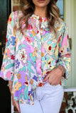 Multicolored Floral Frilly Neckline Long Sleeve Button-Up Blouse
