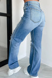 Medium Blue Mid-Rise Distressed Straight Leg Jeans