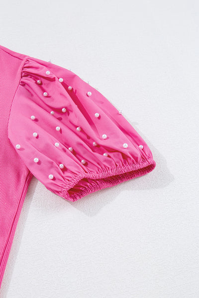Pearl Beaded Puff Sleeve Ribbed Top- 2 Colors