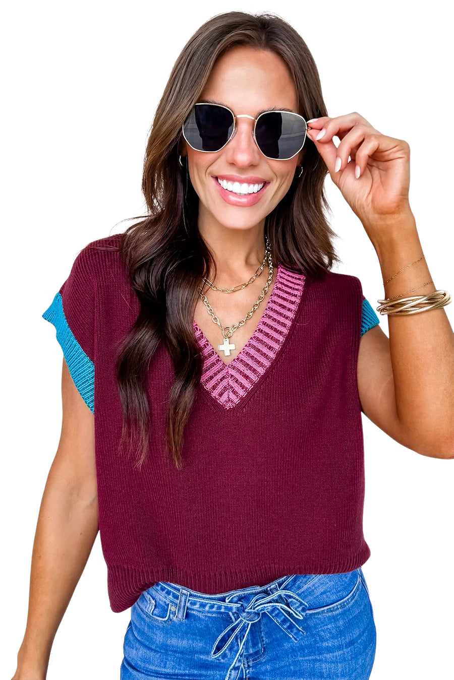 Burgundy Contrast Trim V-Neck Short Sleeve Loose Sweater
