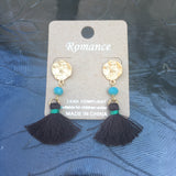Matte Gold Tone Bead & Tassel Drop Earrings- Brown & Turquoise