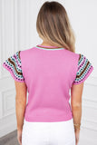 Bright Pink Square Stripes Crew Neck Short Sleeve Sweater