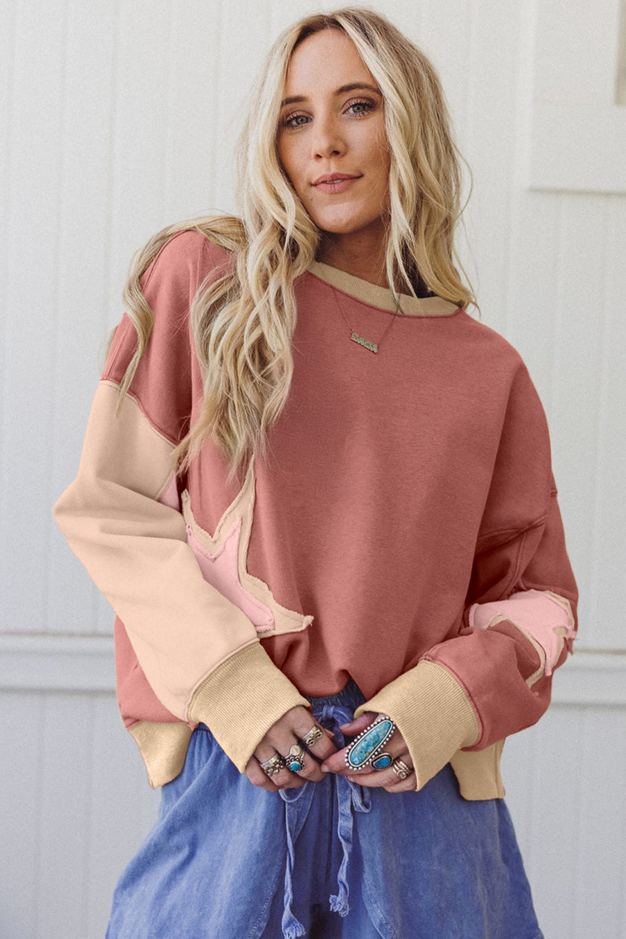 Star Patch Exposed Seam Uneven Hem Sweatshirt- 2 Colors