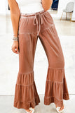 Straw Yellow Velvet Mineral Wash Tiered Flare Leg Pants
