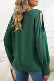 Green Boat Neck Cutout Long Sleeve Blouse with Button Detail Cuffs