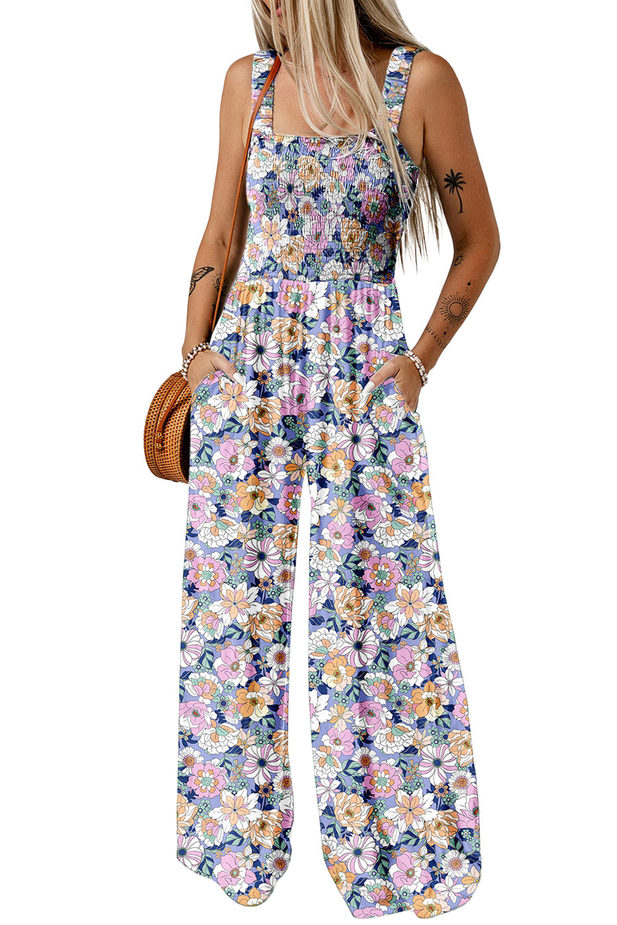 Floral Square Neck Stretch High-Waist Jumpsuit- 3 Colors