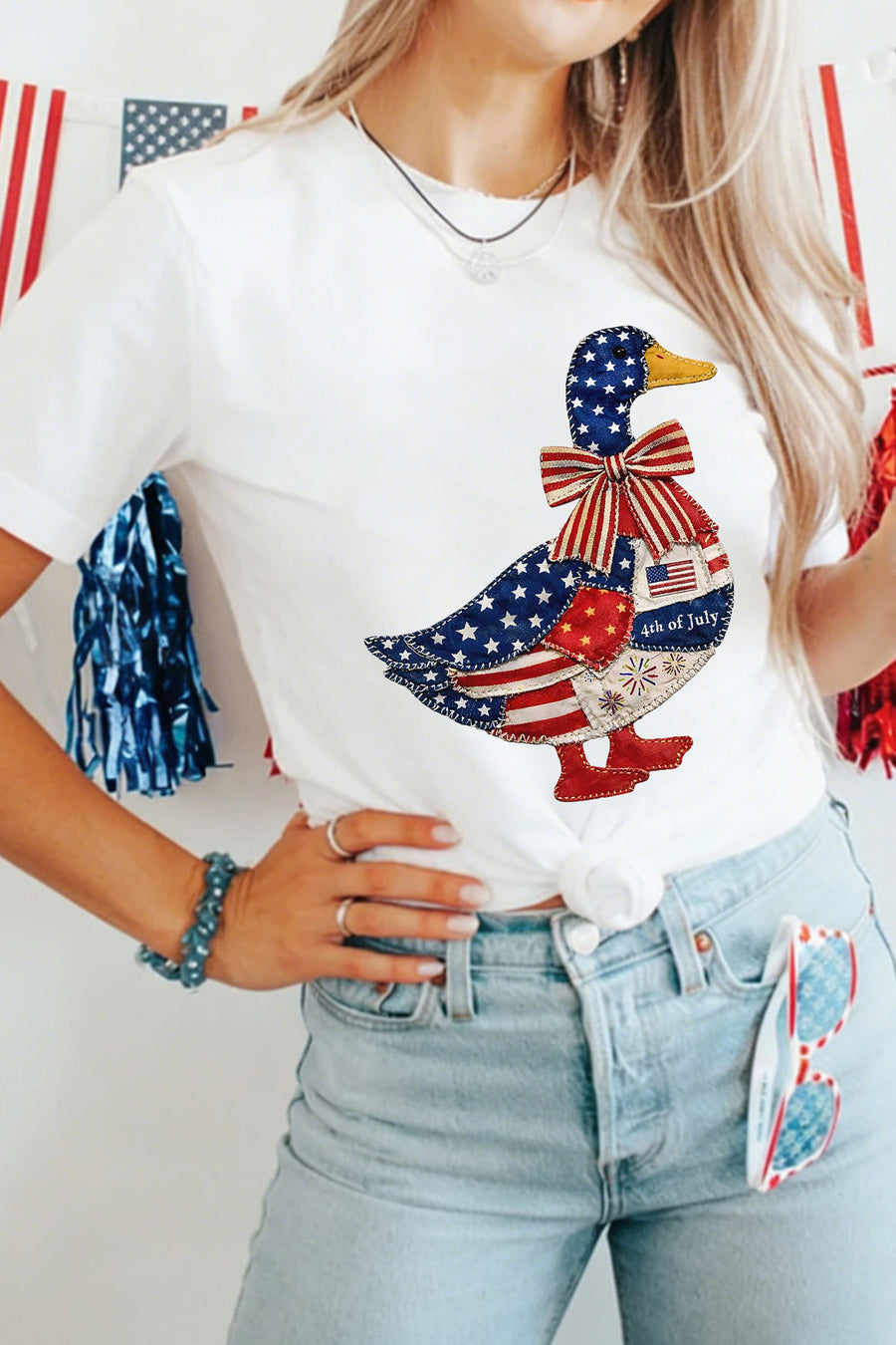 White Faux Patchwork American Print Goose Graphic T-Shirt