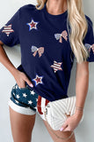 Navy Blue American Flag Bows and Stars Sequin Patches T-Shirt
